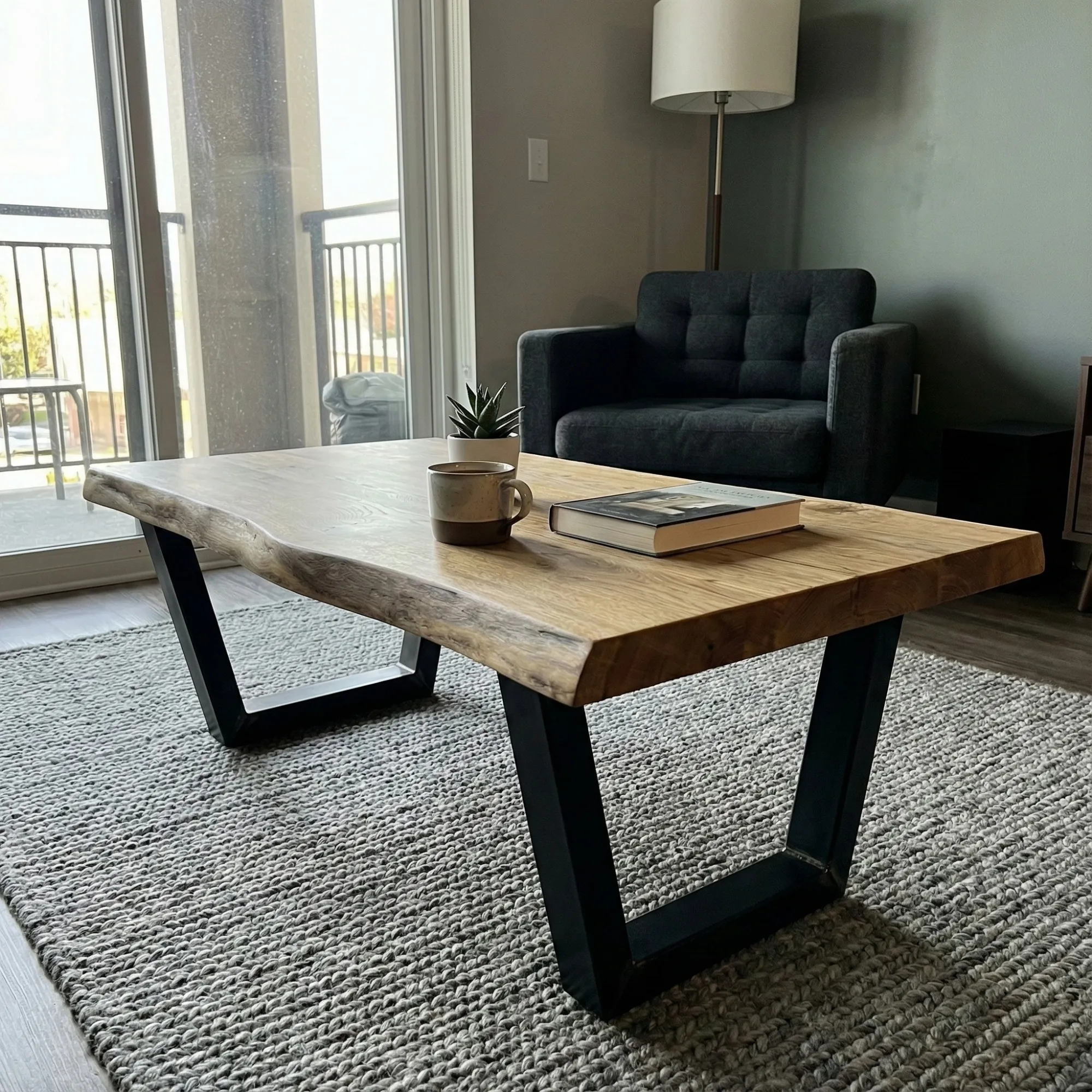 Oval Wood Coffee Table with Steel Base - view 4
